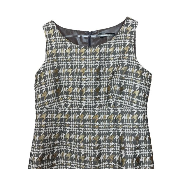 Albert Nipon Houndstooth Plaid Metallic Cocktail Dress Gray Ivory Gold Size 8 - Picture 3 of 8